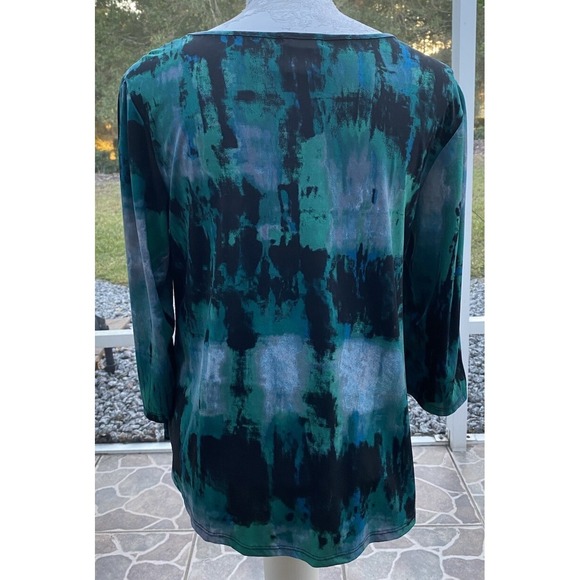 Cocomo Petite Top Blue Green Black Abstract Print Braided Neckline Retro - Picture 2 of 9